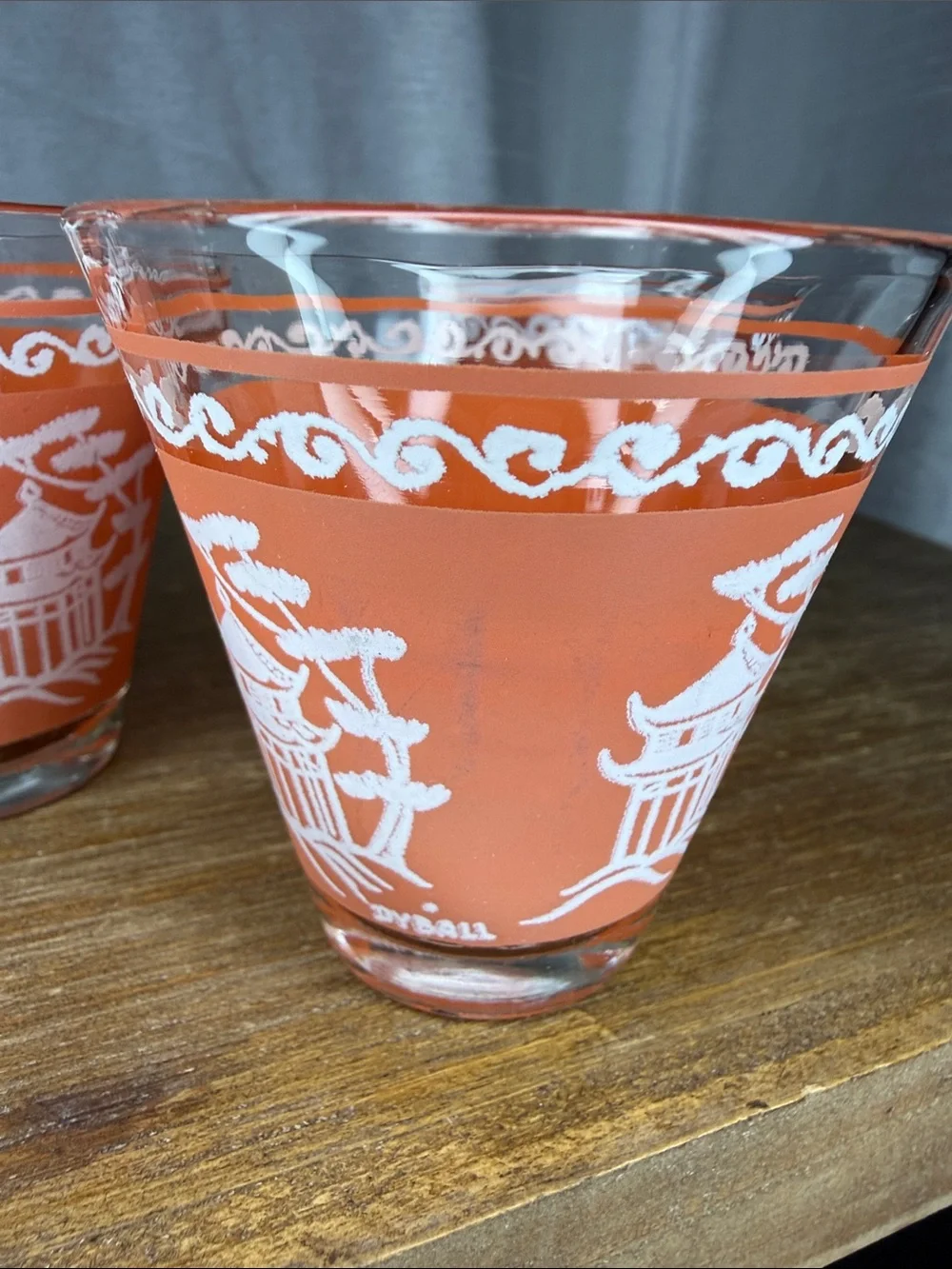 Vtg Dyball Coral Pagoda Glasses Matte Mid Century Modern Hazel Atlas 7pc Set